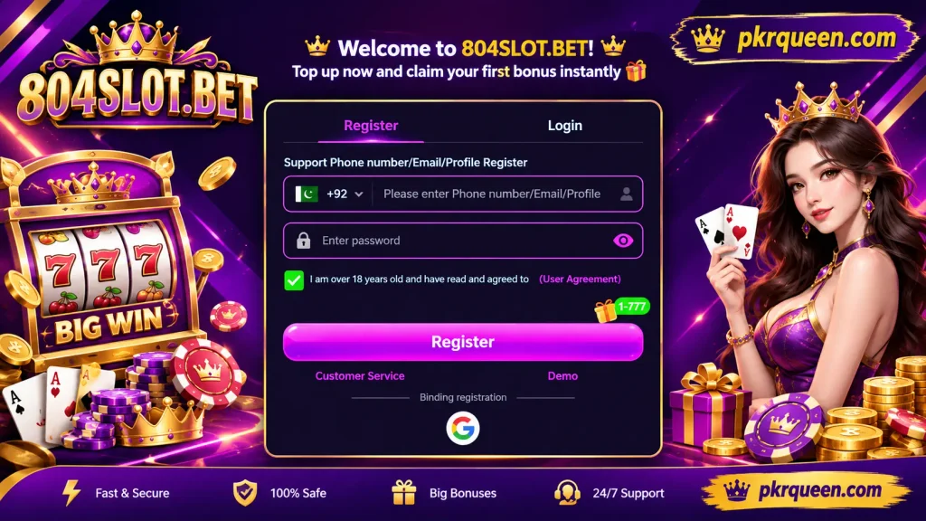 804SLOT.BET game registration screen with casino graphics